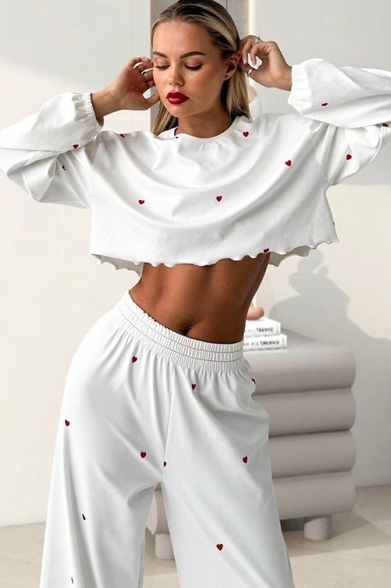 Long-Sleeved Two-Piece Crop Top And Pajamas Set