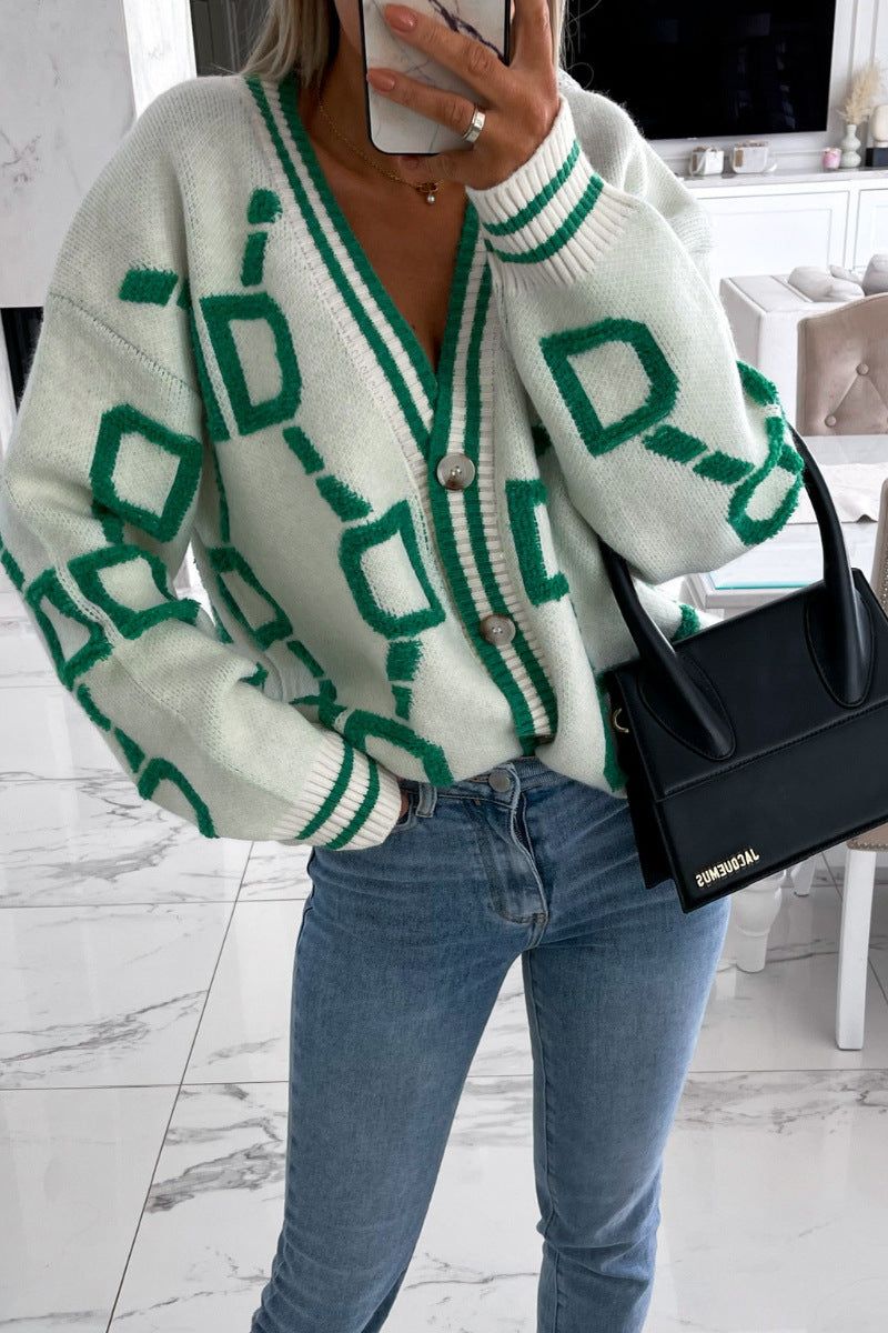 Embroidered V-Neck Loose Knitted Sweater Top