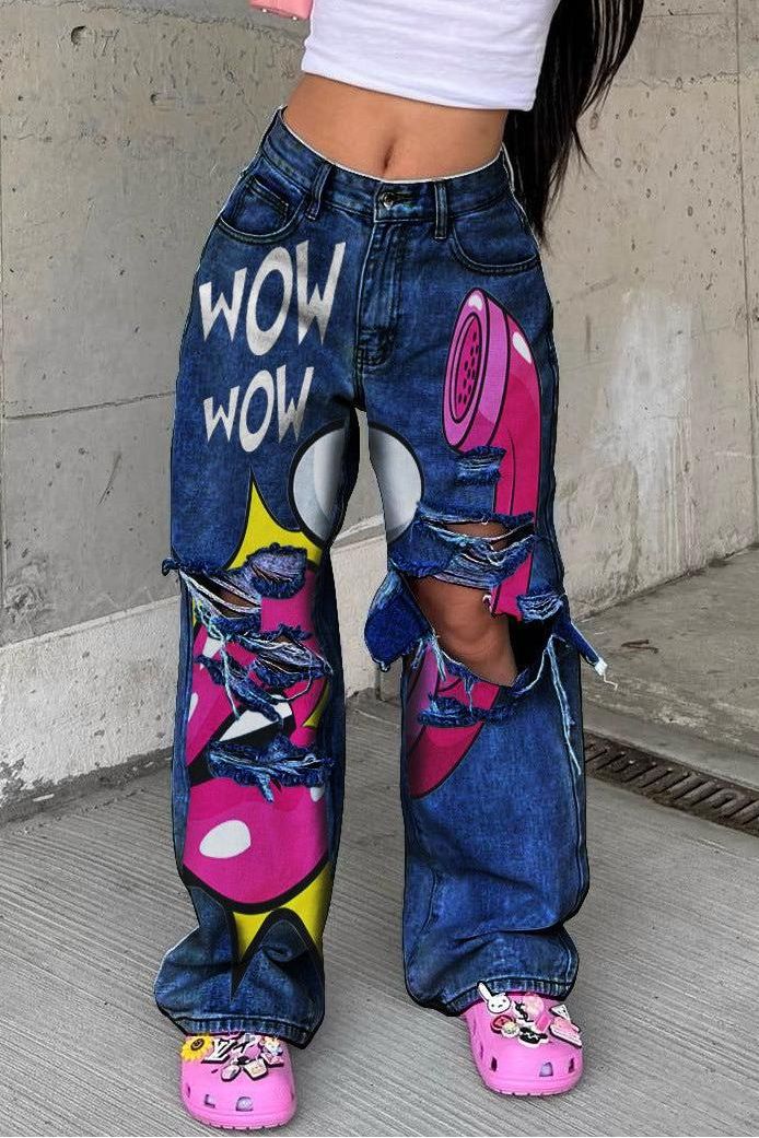 Wide Leg Jeans With Raw Edges And Holes