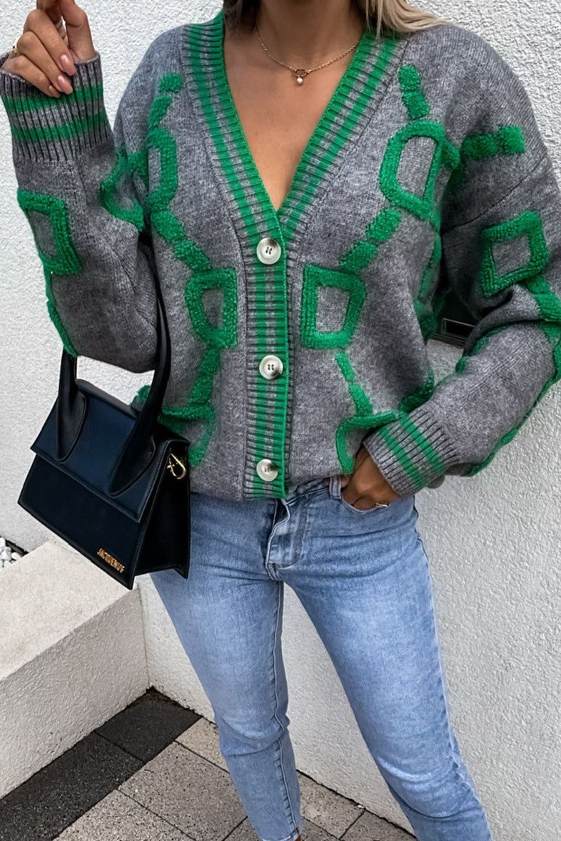 Embroidered V-Neck Loose Knitted Sweater Top