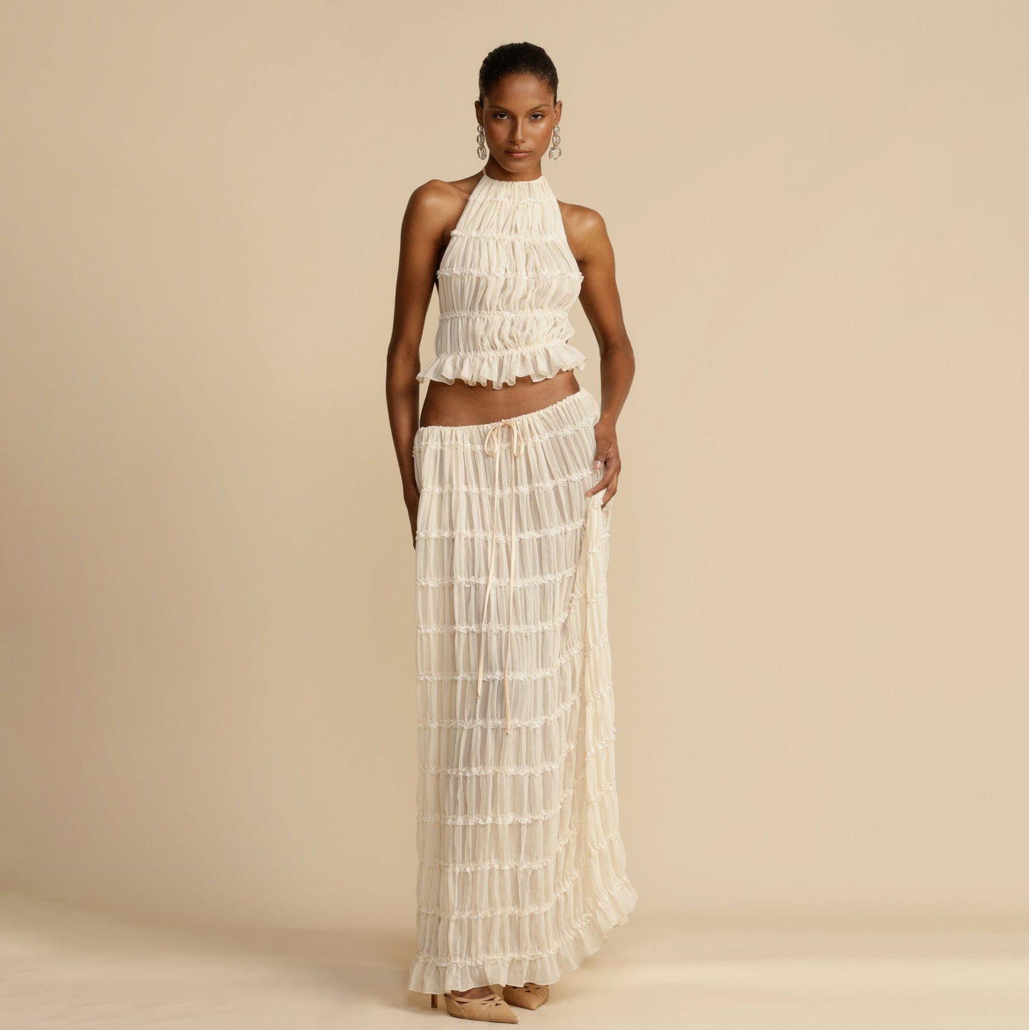 Pleated Two Piece Set with Halter Neckline