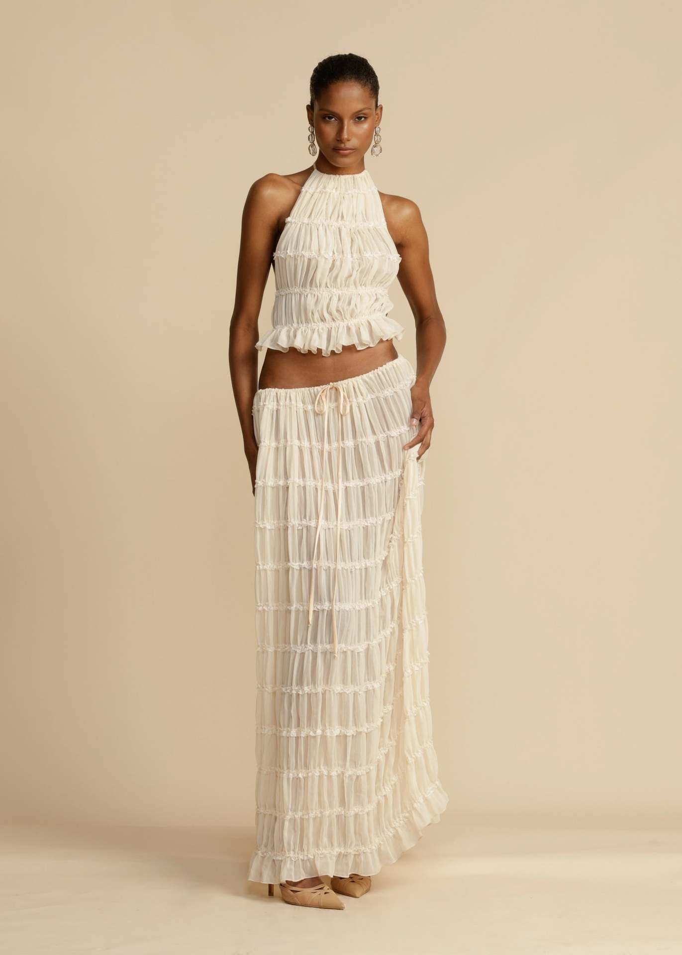 Pleated Two Piece Set with Halter Neckline