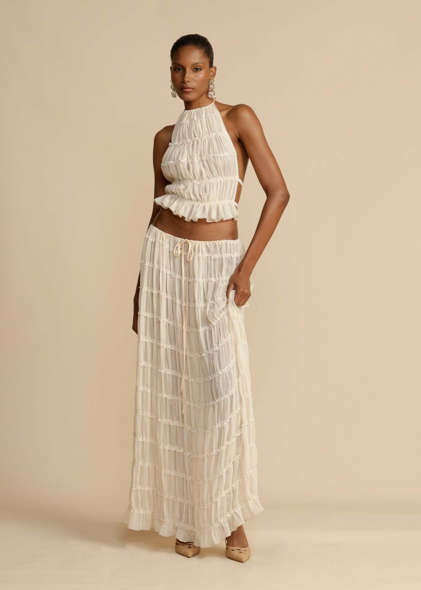 Pleated Two Piece Set with Halter Neckline