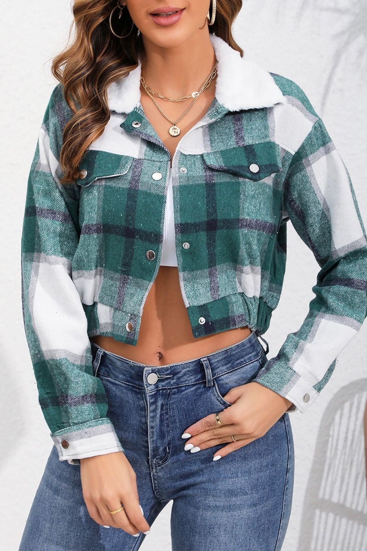 Plaid Long-Sleeved Cropped Jacket