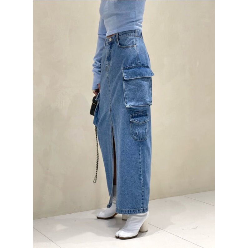 Pocket Denim Long Skirt with Unique Three-Dimensional Pockets