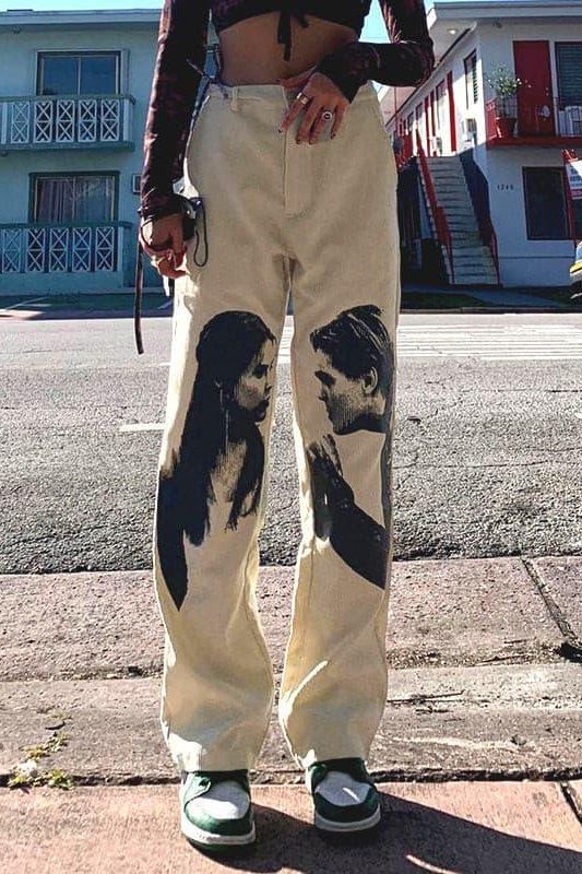 Love Portrait Print Casual Straight Pants