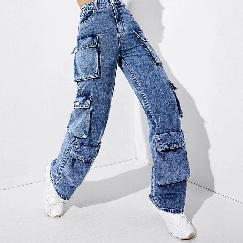 Loose Fit Cargo Denim Jeans with Spacious Pockets