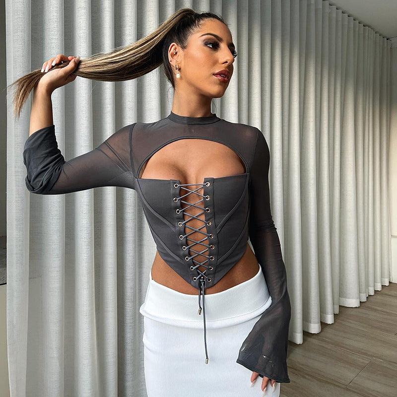 Round Neck Long Sleeve Backless Mesh Bodycon Top