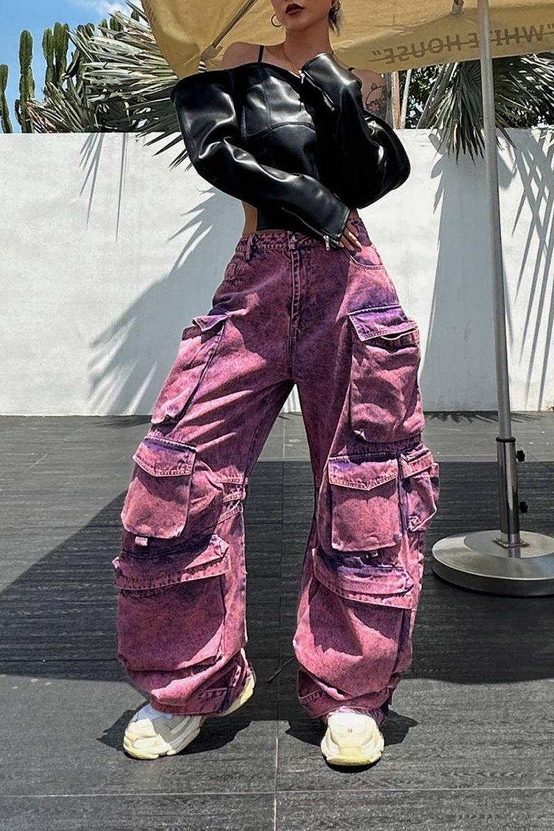 Wide-Leg Purple Cargo Pants with Pockets