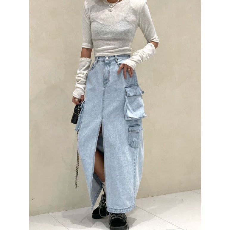 Pocket Denim Long Skirt with Unique Three-Dimensional Pockets