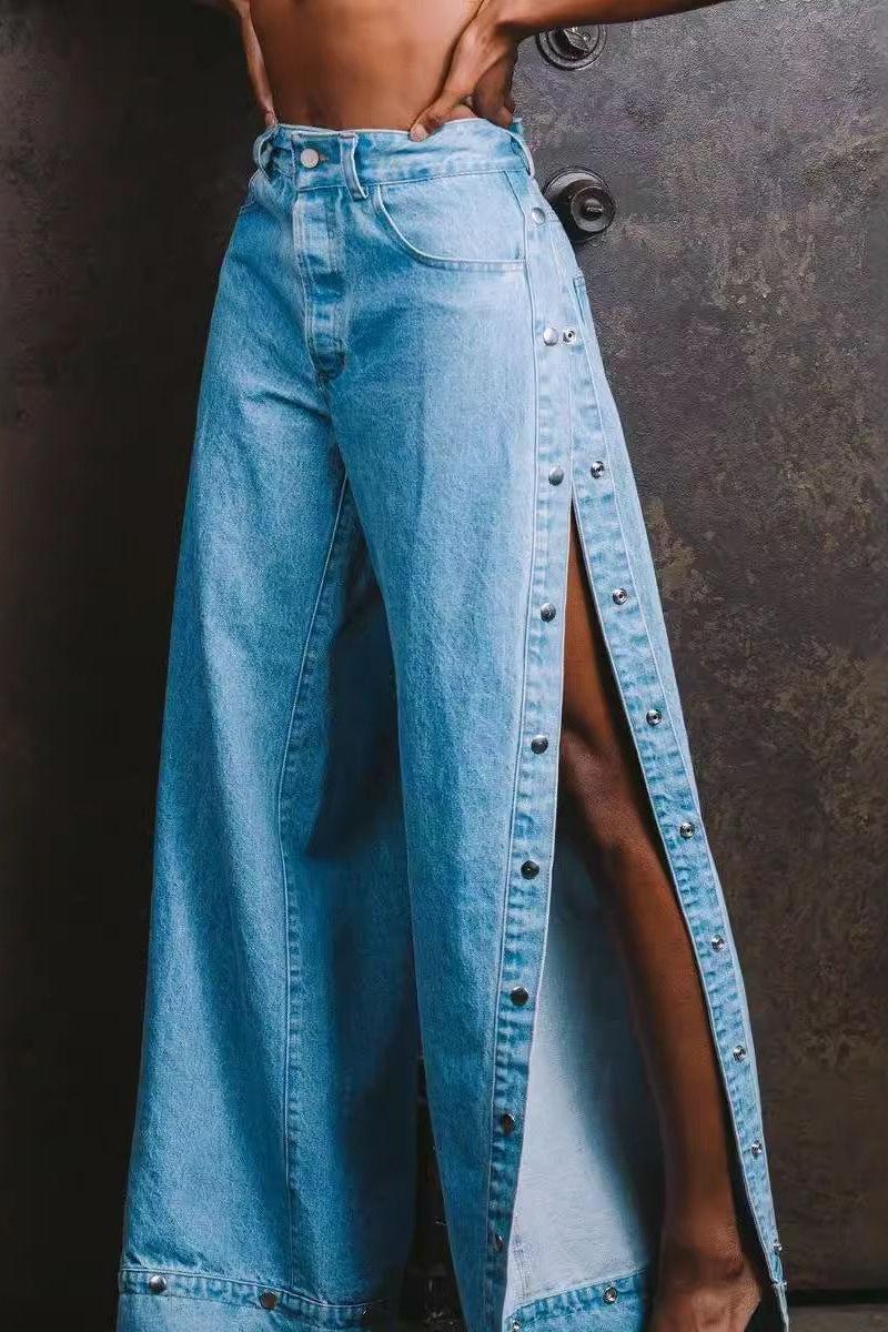 Wide-Leg With Side Button Denim Jeans