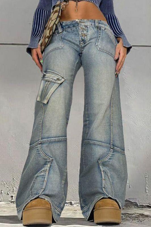 Washed Gradient Pocket Splicing Straight Jeans