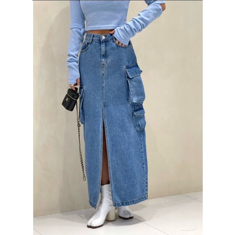 Pocket Denim Long Skirt with Unique Three-Dimensional Pockets