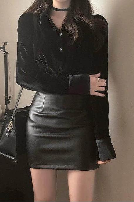 Hip-Wrapped PU Small Leather Skirt