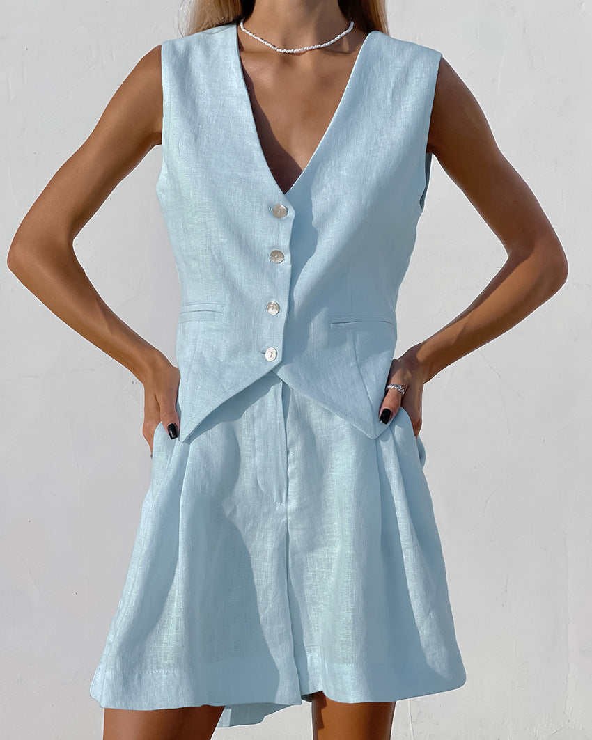 Linen Vest Suit with Sleeveless Top and Shorts