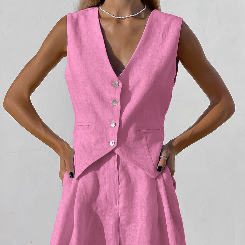 Linen Vest Suit with Sleeveless Top and Shorts