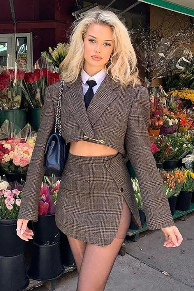 Plaid Suit Jacket with Slit Bag Hip Skirt