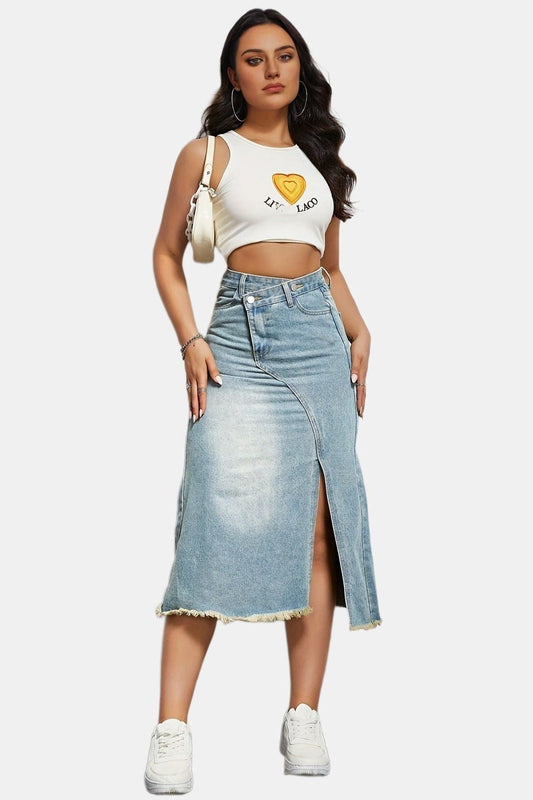 Split Cotton Denim High Waist Slim Skirt