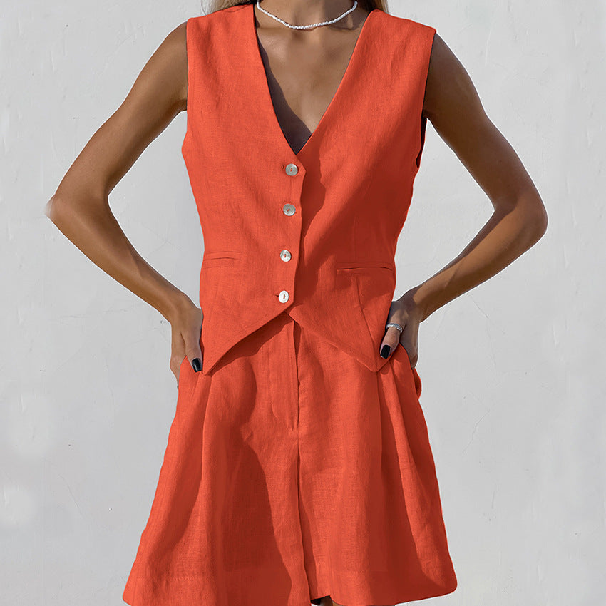 Linen Vest Suit with Sleeveless Top and Shorts