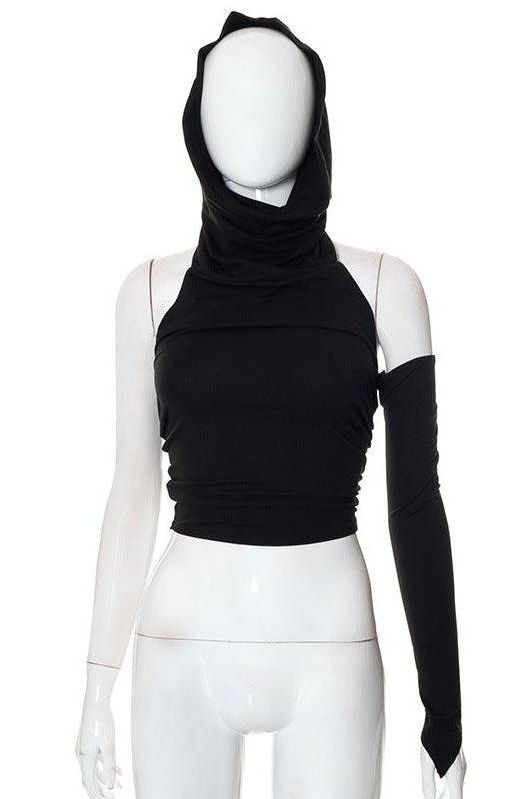 Cropped Backless Single-Sleeve Hooded Top