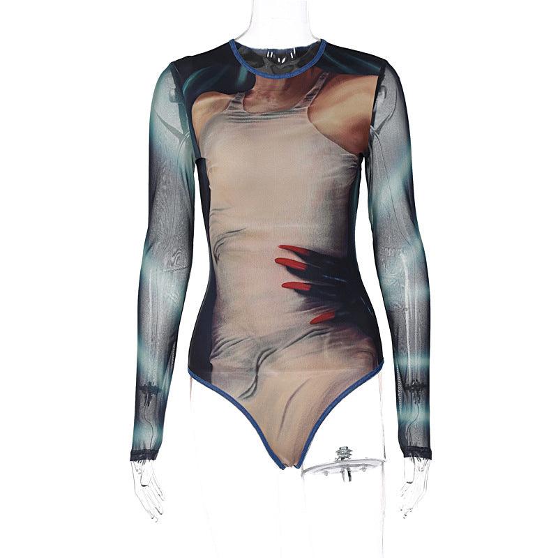 Stitched Mesh Painted Bodysuit with Bold Print