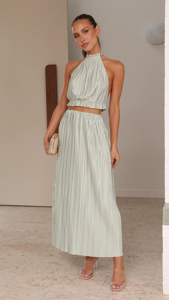 Pleated Two Piece Set with Halter Neckline