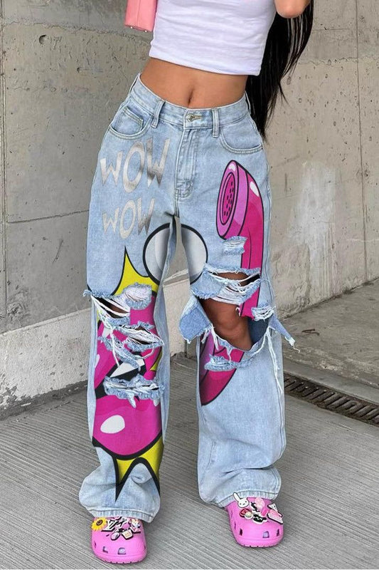 Wide Leg Jeans With Raw Edges And Holes