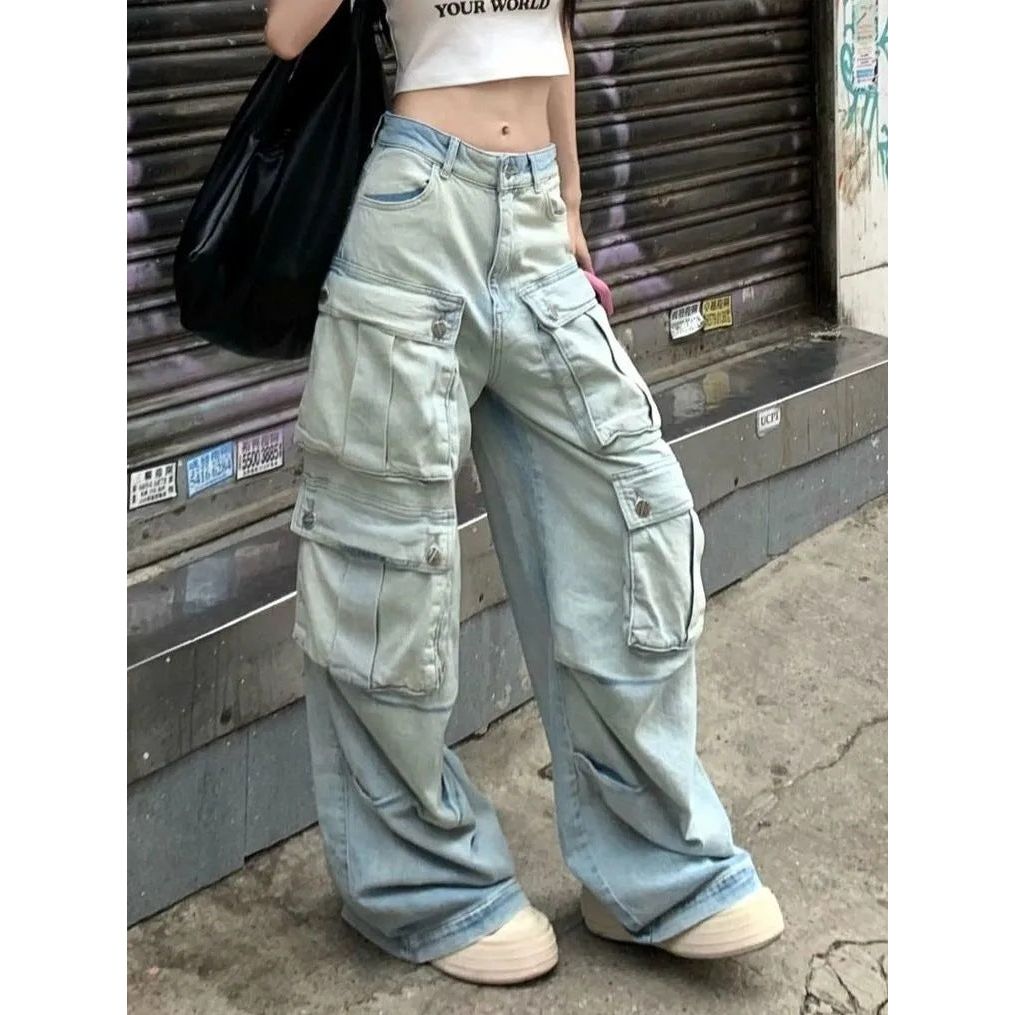 Multi-Pocket Cargo Wide Leg Jeans