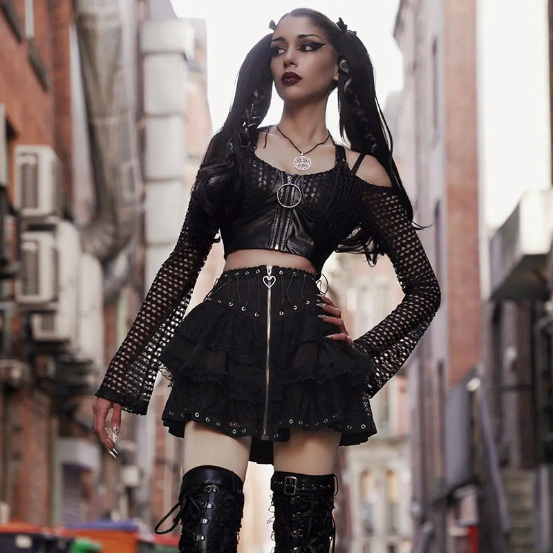 Dark Gothic Style Waist Strap A-Line Skirt