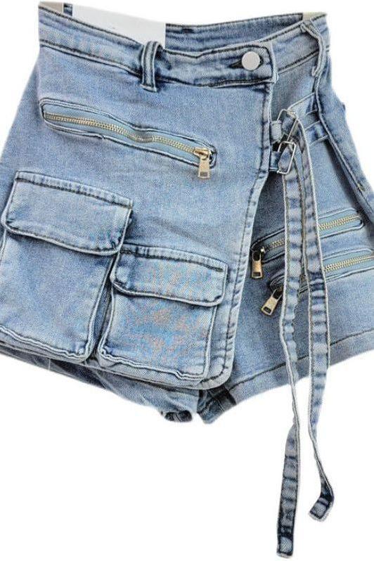 Irregular Multi-Pocket Denim Shorts for Trendy Style