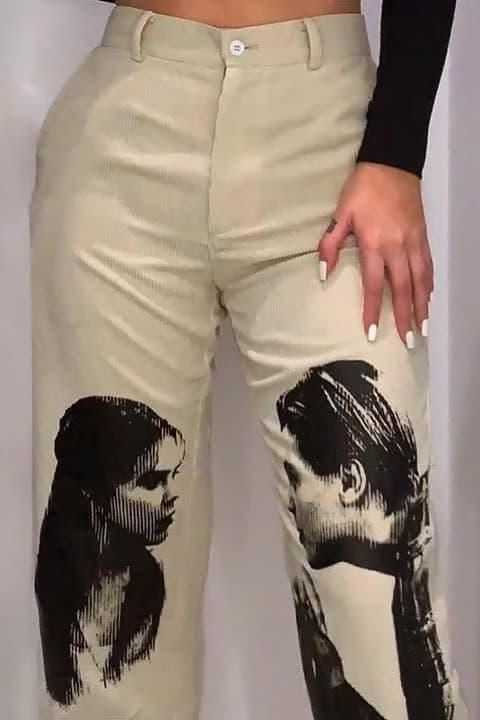 Love Portrait Print Casual Straight Pants