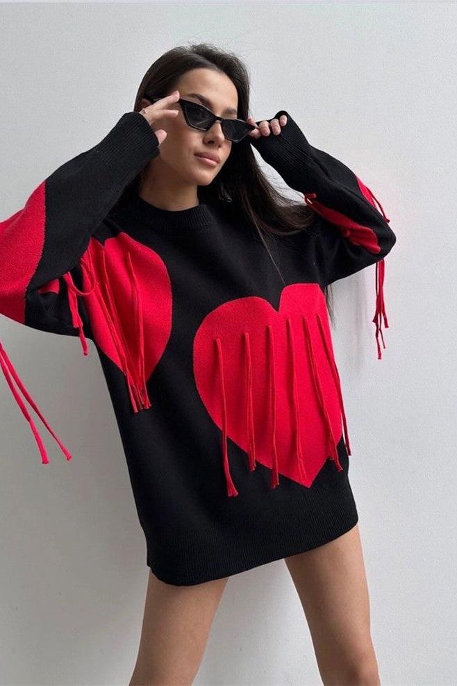 Love Tassel Round Neck Pullover Sweater