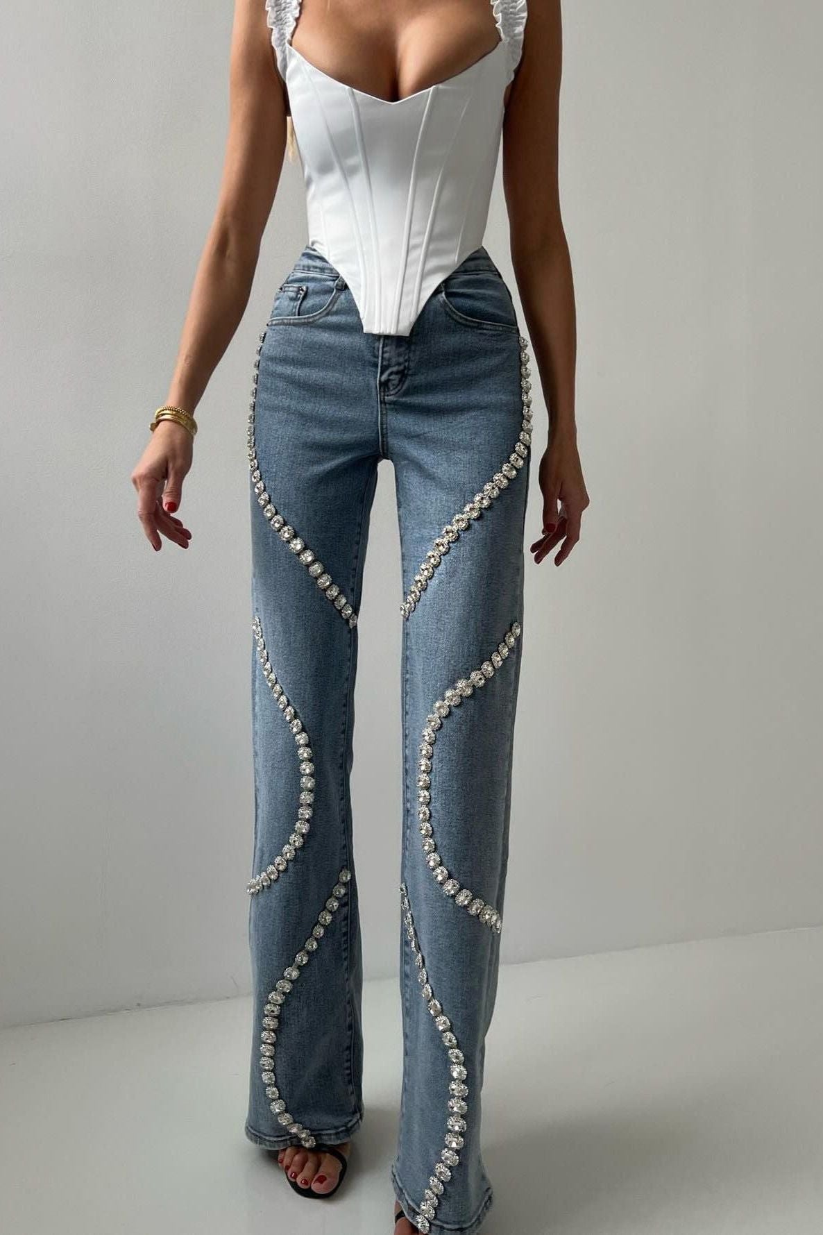 Denim Diamond Straight Jeans with Rhinestone Detail