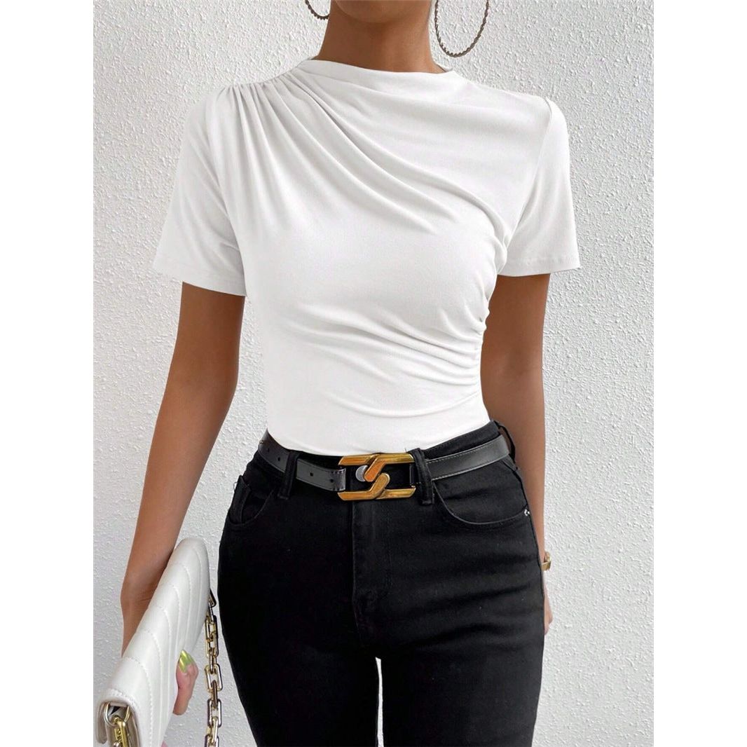 Pleated Slim Fit Short-Sleeved Women's T-Shirt