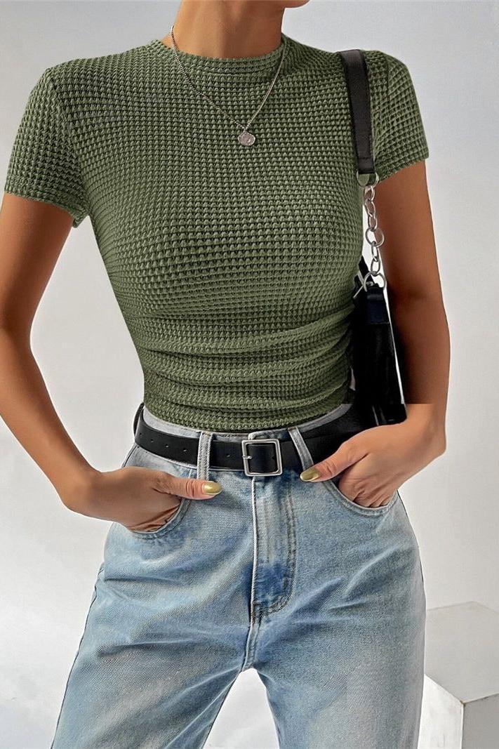 Slim Versatile Pleated Round Neck T-shirt