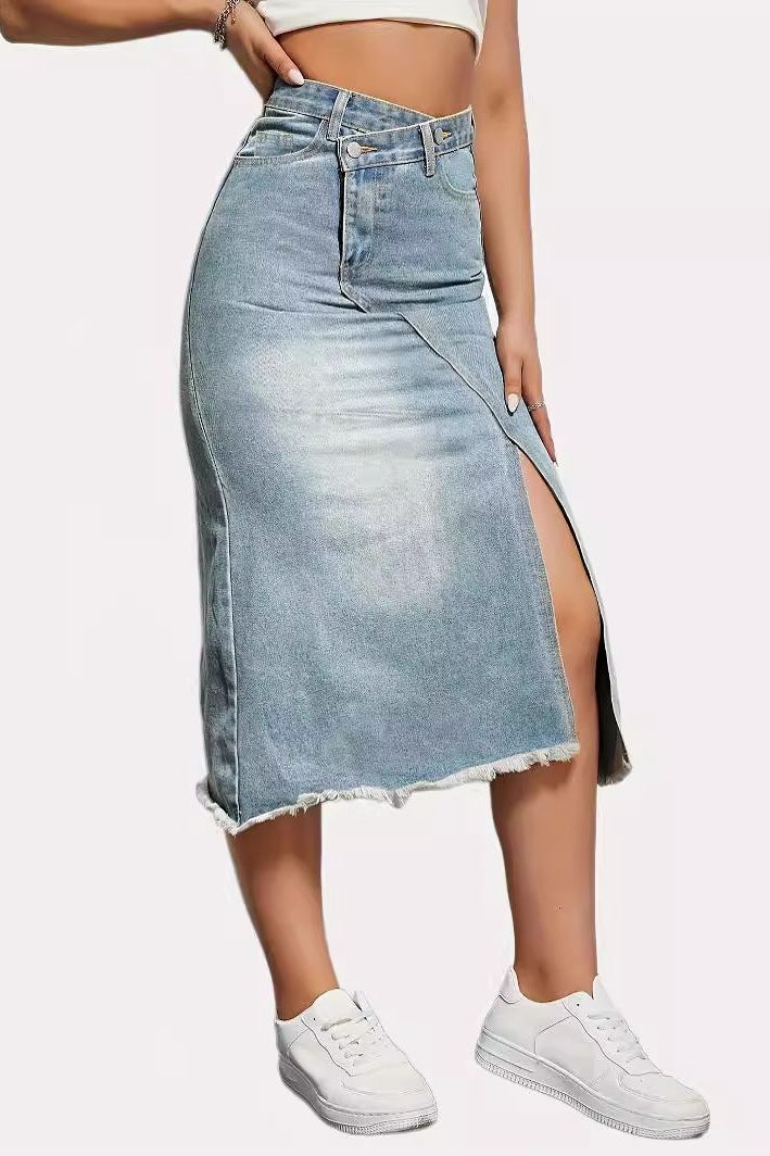 Split Cotton Denim High Waist Slim Skirt