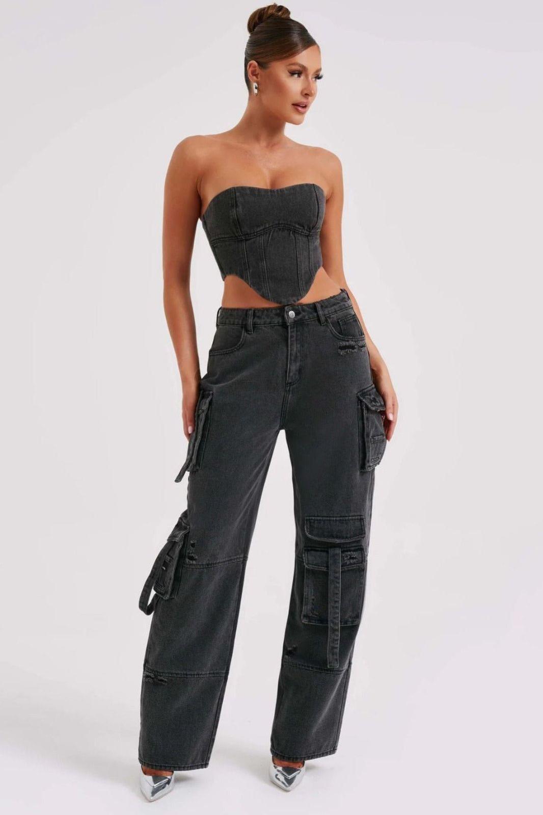 American Low-Waist Pocket Splicing Jeans