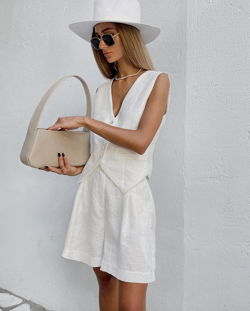 Linen Vest Suit with Sleeveless Top and Shorts