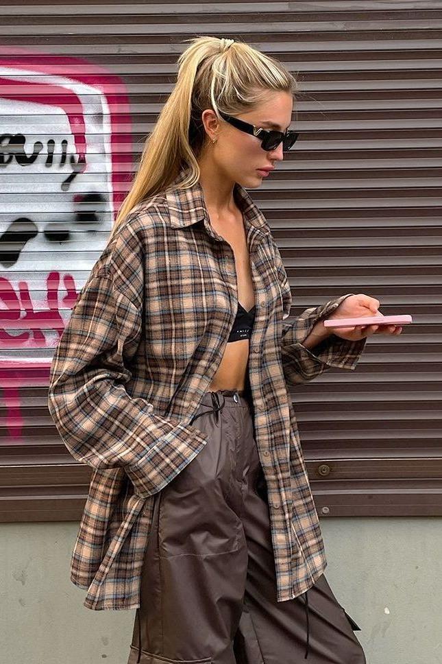 Loose Retro Long Plaid Shirt for Effortless Style