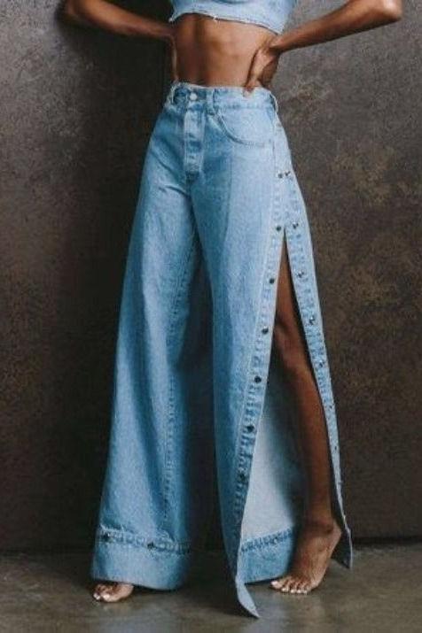 Wide-Leg With Side Button Denim Jeans