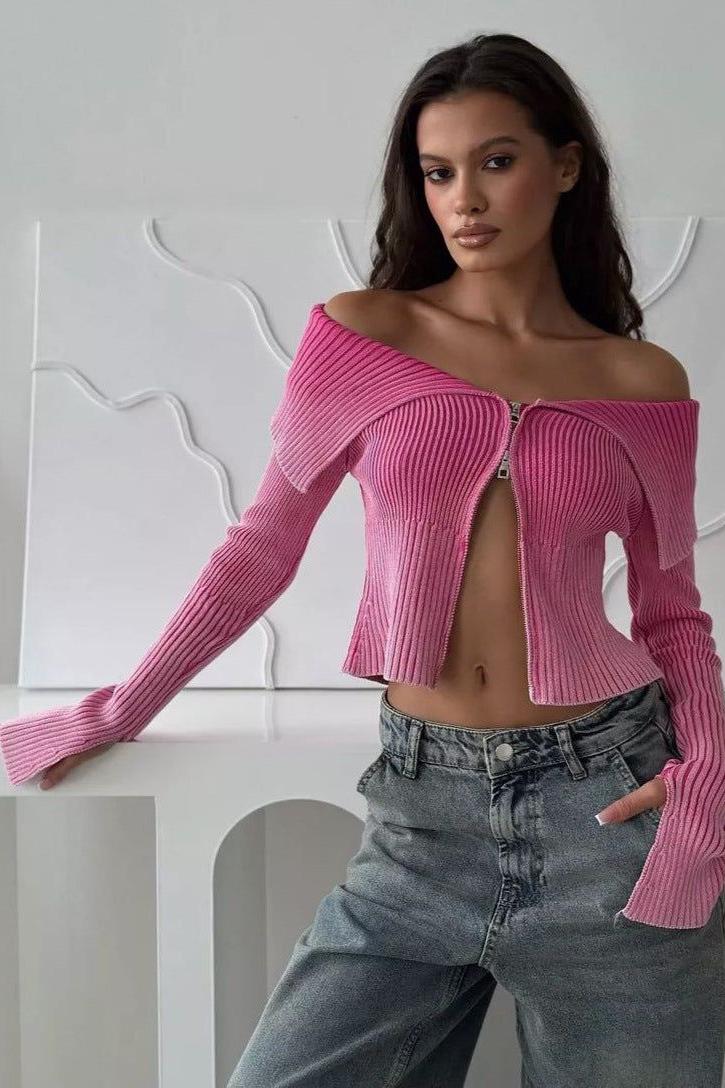 Off Shoulder Slim Fit Zip Up Sweater