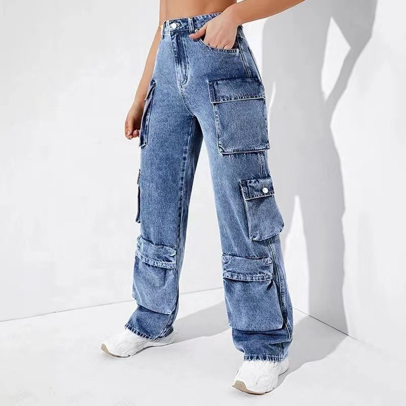 Loose Fit Cargo Denim Jeans with Spacious Pockets