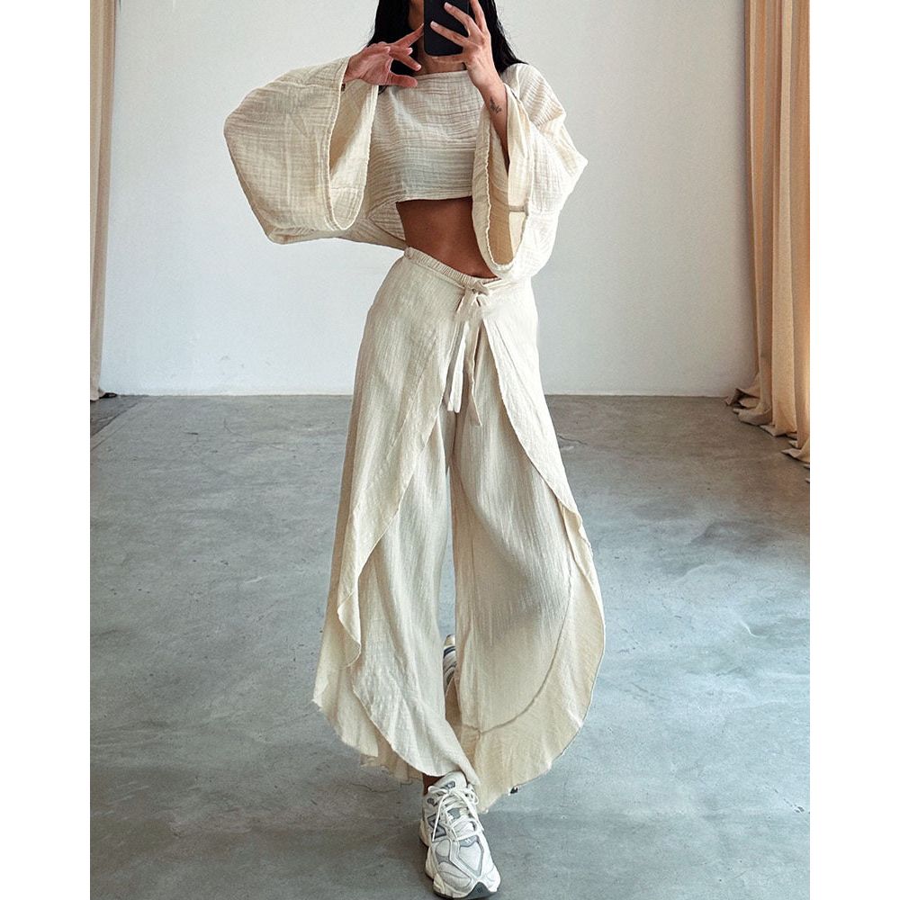 Linen Blend Crop Top Ruffled Pant Set