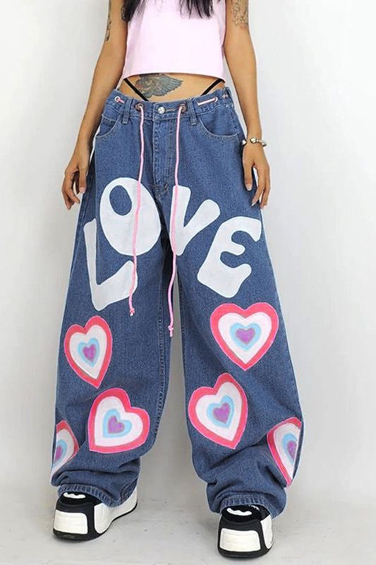 Graffiti Printed Wide-Leg Floor-Length Jeans