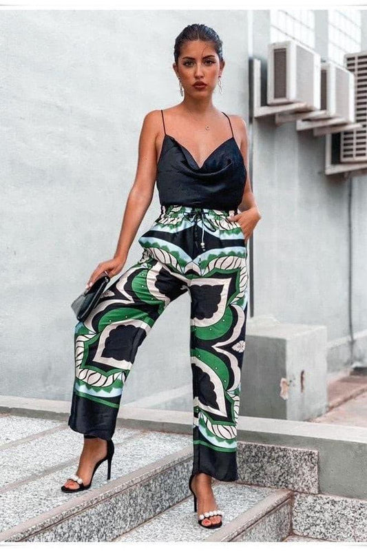 Bermuda Print Long Loose Pants with Elastic Waistband