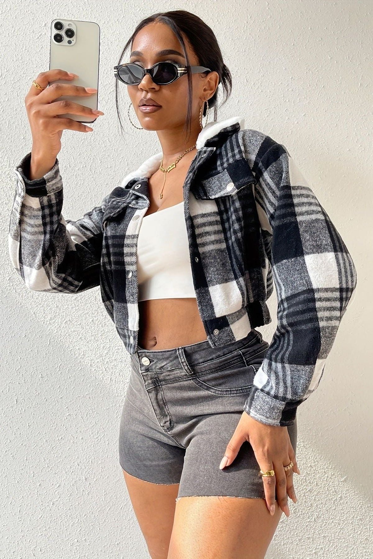 Plaid Long-Sleeved Cropped Jacket