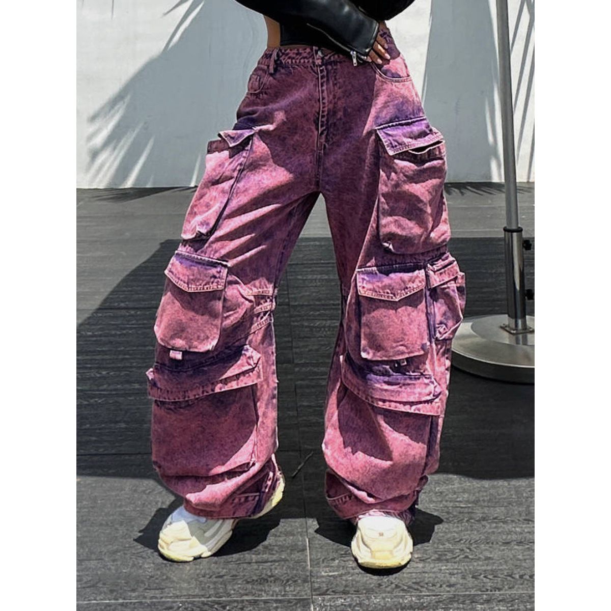 Wide-Leg Purple Cargo Pants with Pockets