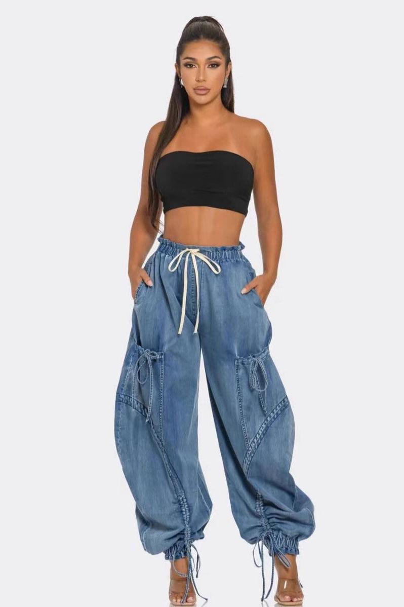 Elastic Tie Leg Bow Loose Jeans