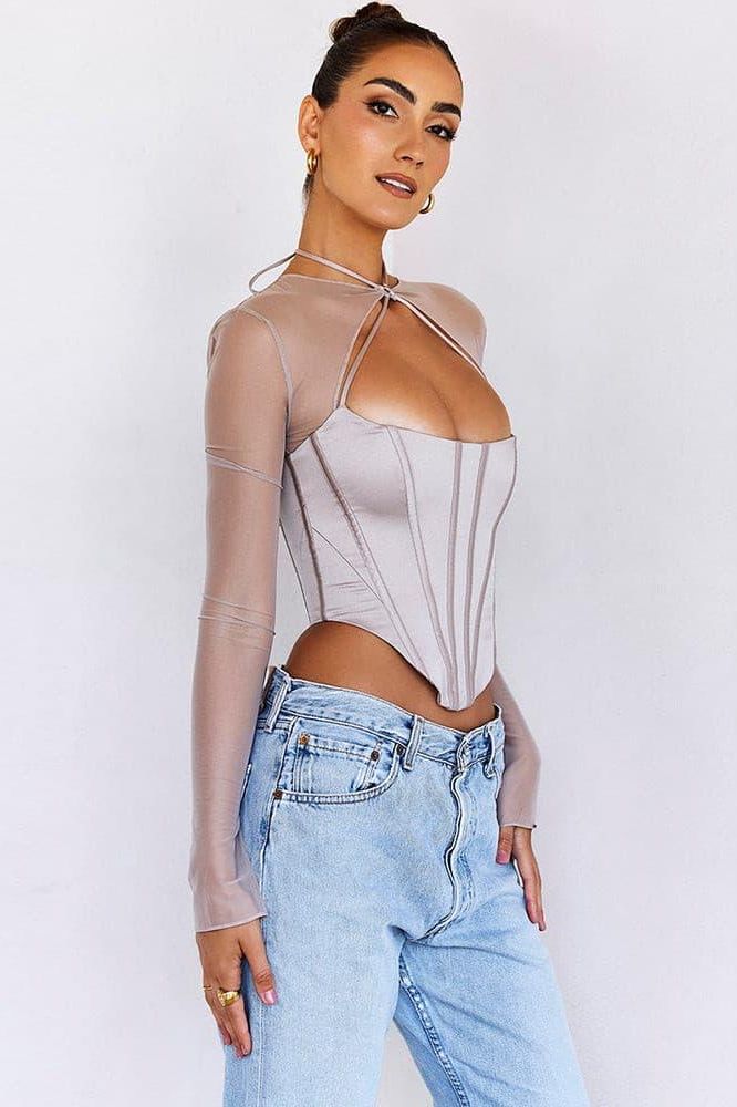 Sexy Mesh Stitching Satin Hollow Top