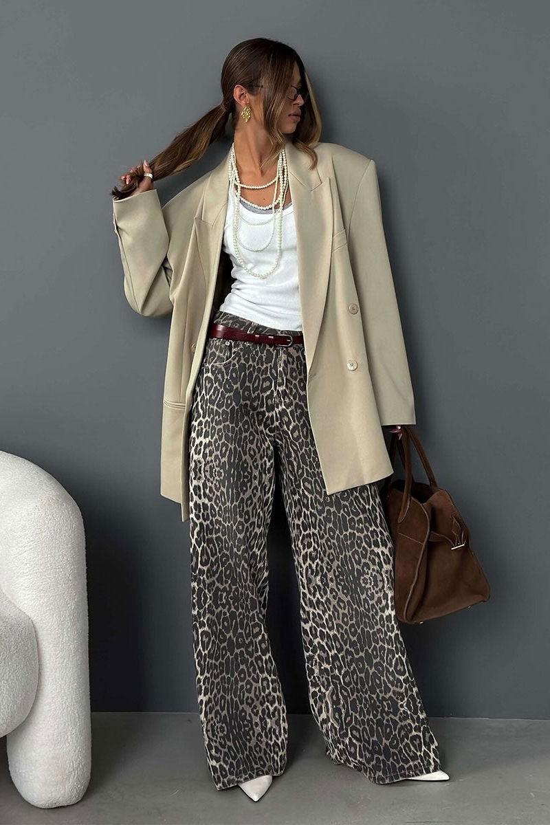 Leopard Design Loose Wide-Leg Trousers for Bold Style